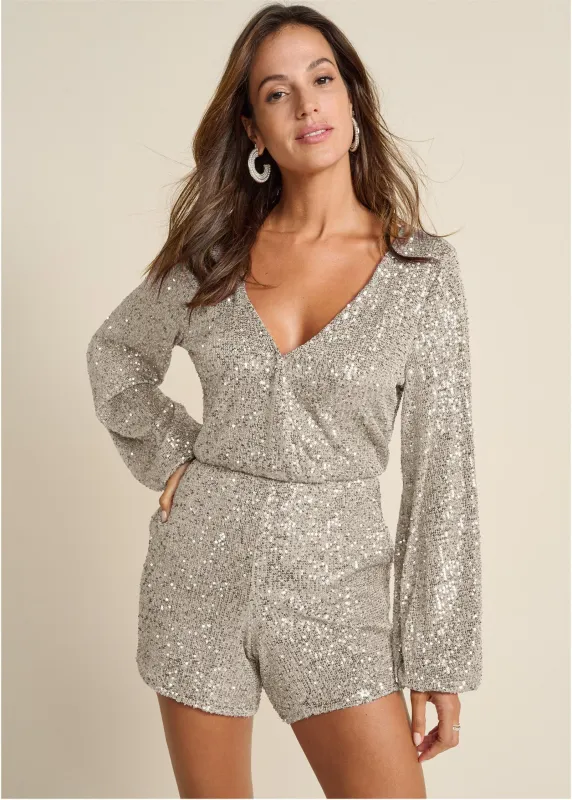 Wrap Sequin Romper - Champagne sold by VENUS