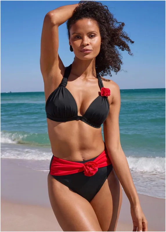 Rosette Goddess Push-Up Halter Top - Black & Red sold by VENUS