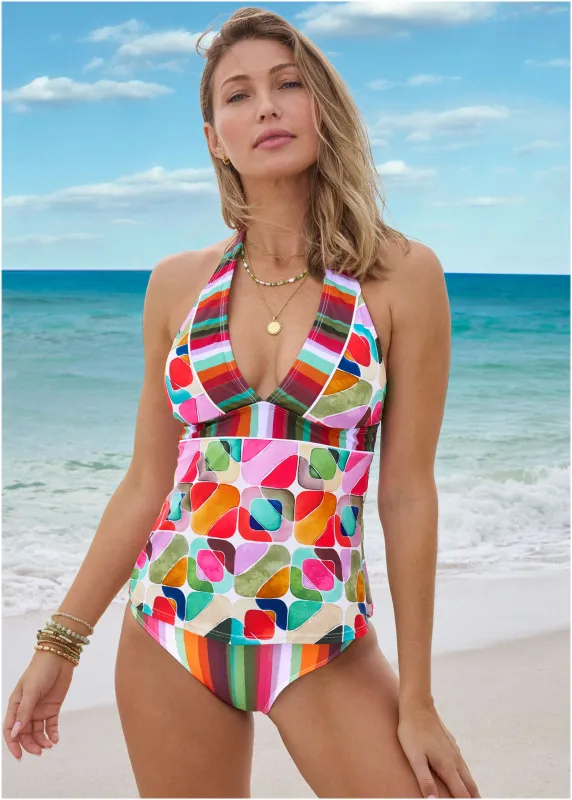 Athens Halter Tankini - Watercolor Geo Combo sold by VENUS