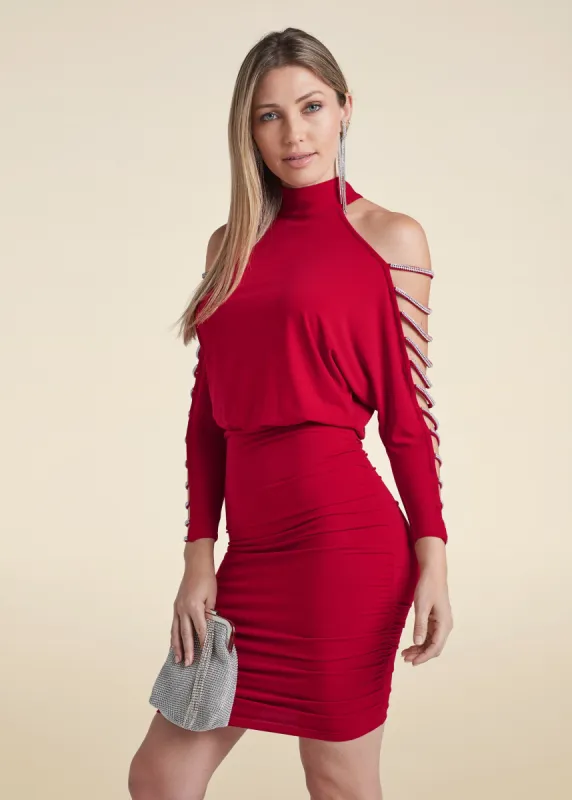 Embellished Cold-Shoulder Dress - Red sold by VENUS