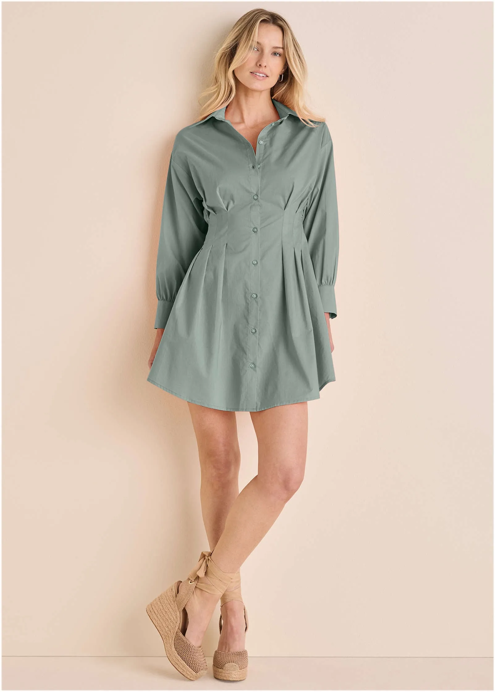 Pleated Shirt Dress - Iceberg Green sold by VENUS