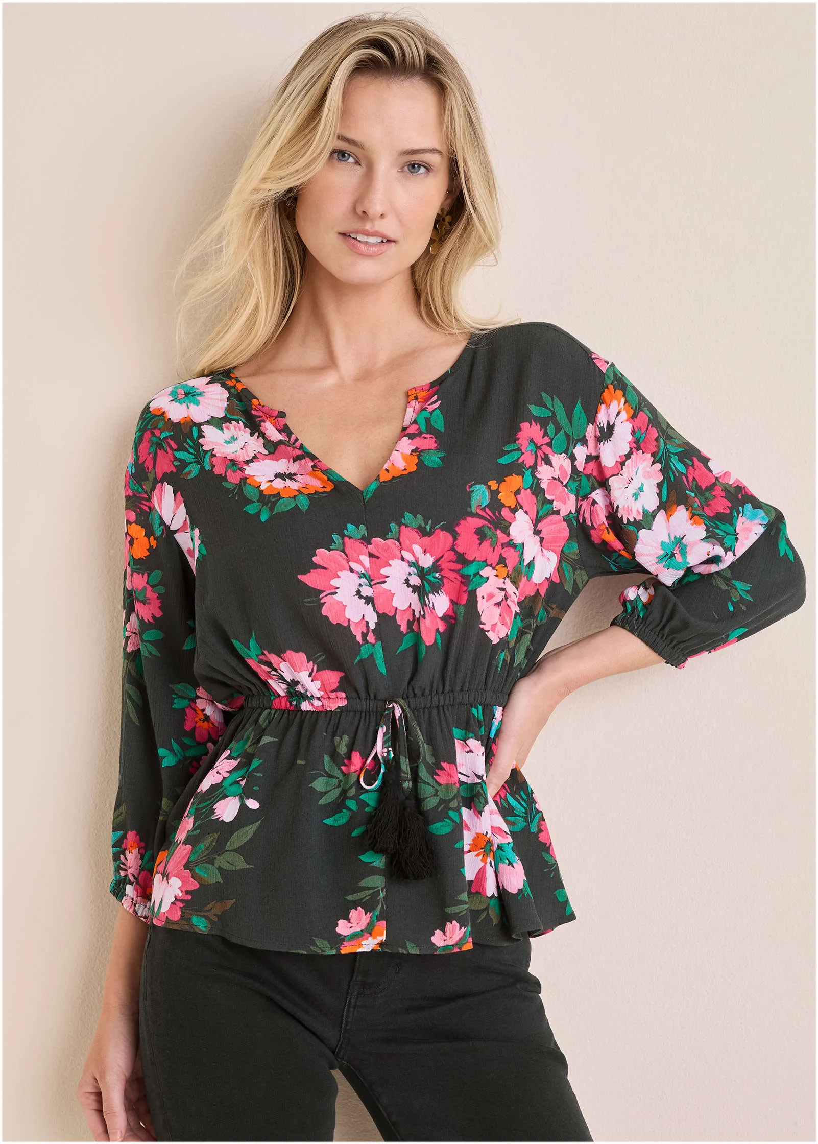 Tie Waist Blouson Top - Black Crisp Bouquet sold by VENUS