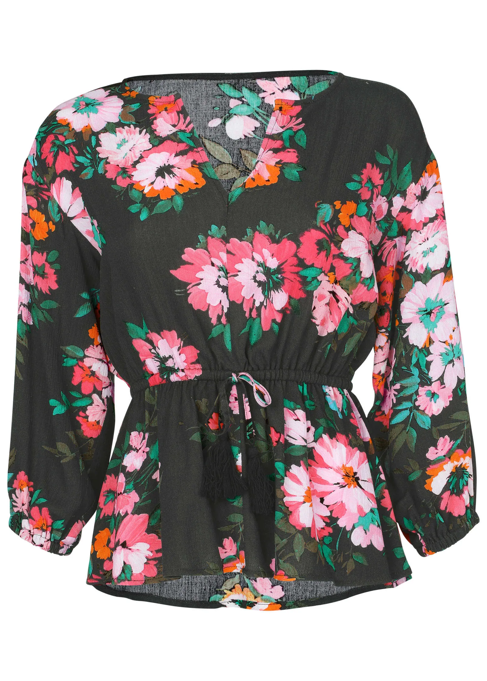 Tie Waist Blouson Top - Black Crisp Bouquet sold by VENUS product image thumbnail 4