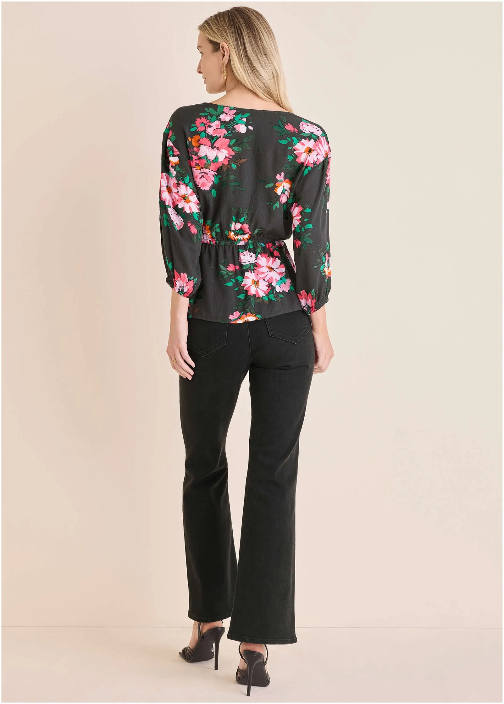Tie Waist Blouson Top - Black Crisp Bouquet sold by VENUS product image thumbnail 3