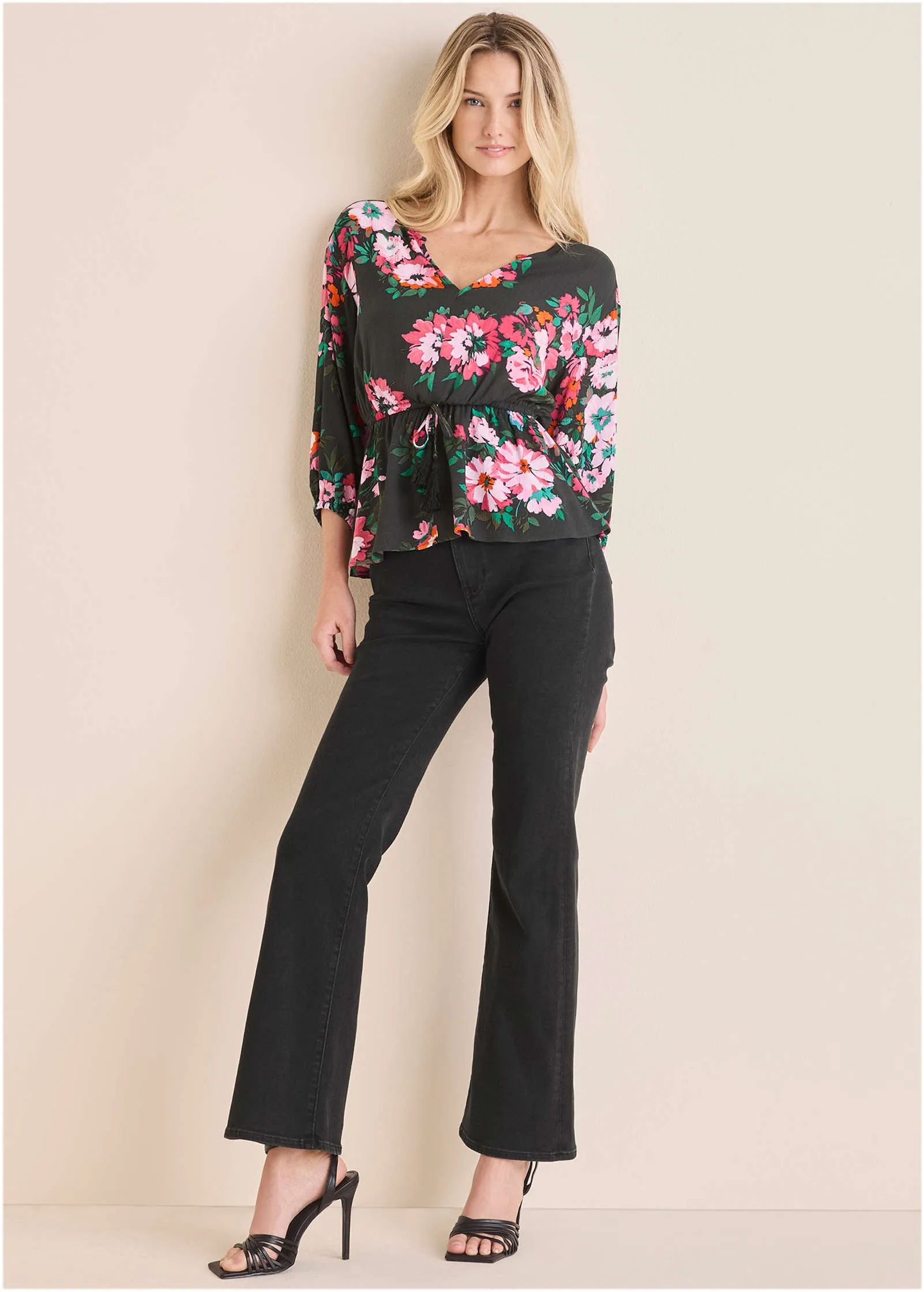 Tie Waist Blouson Top - Black Crisp Bouquet sold by VENUS product image thumbnail 2