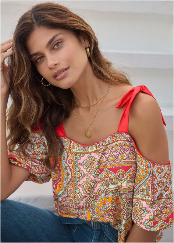 Printed Cold Shoulder Top - Medallion Golden Patchwork sold by VENUS