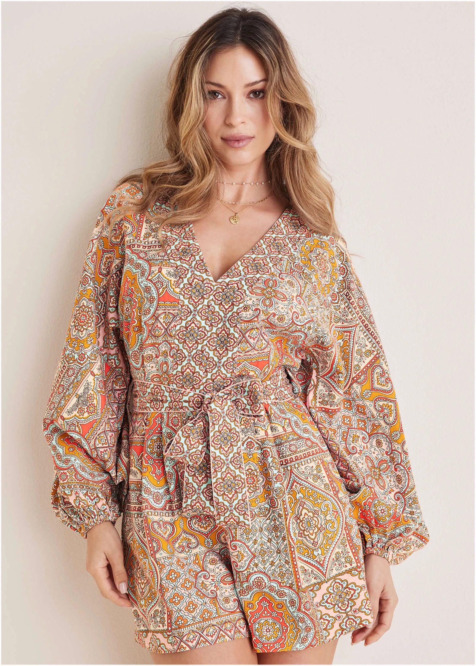 Linen Tie-Waist Romper - Medallion Golden Patchwork sold by VENUS product image thumbnail 2