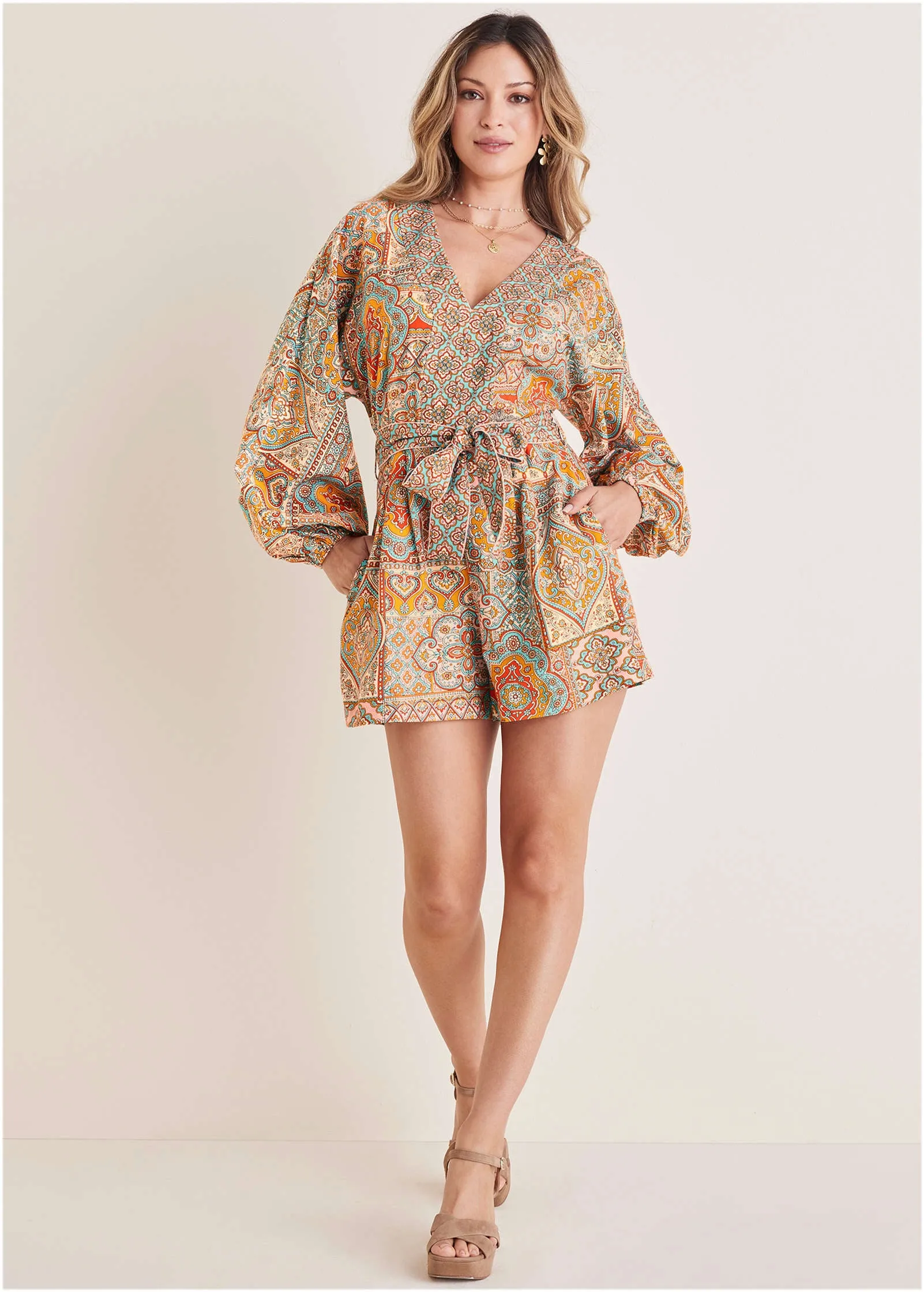 Linen Tie-Waist Romper - Medallion Golden Patchwork sold by VENUS