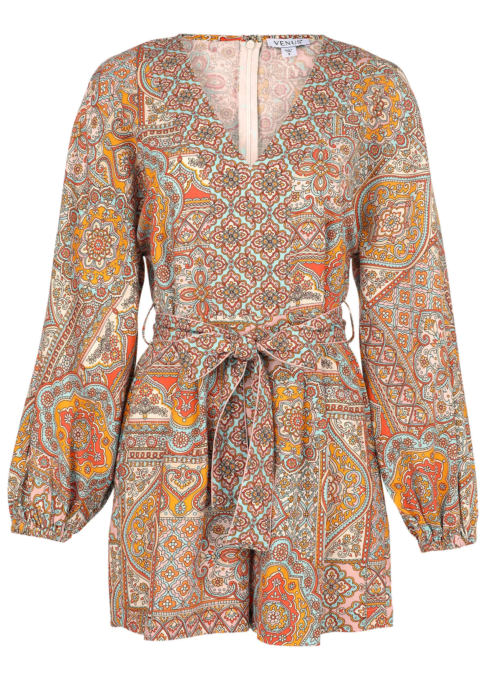 Linen Tie-Waist Romper - Medallion Golden Patchwork sold by VENUS product image thumbnail 5