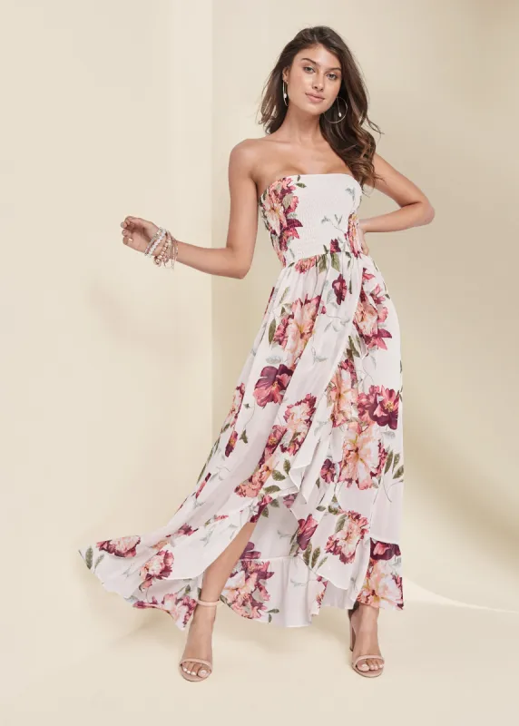 Strapless Smocked Dress - White Multi sold by VENUS