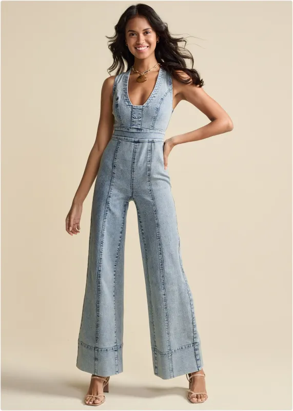 Stretch Denim Jumpsuit - Acid Wash sold by VENUS