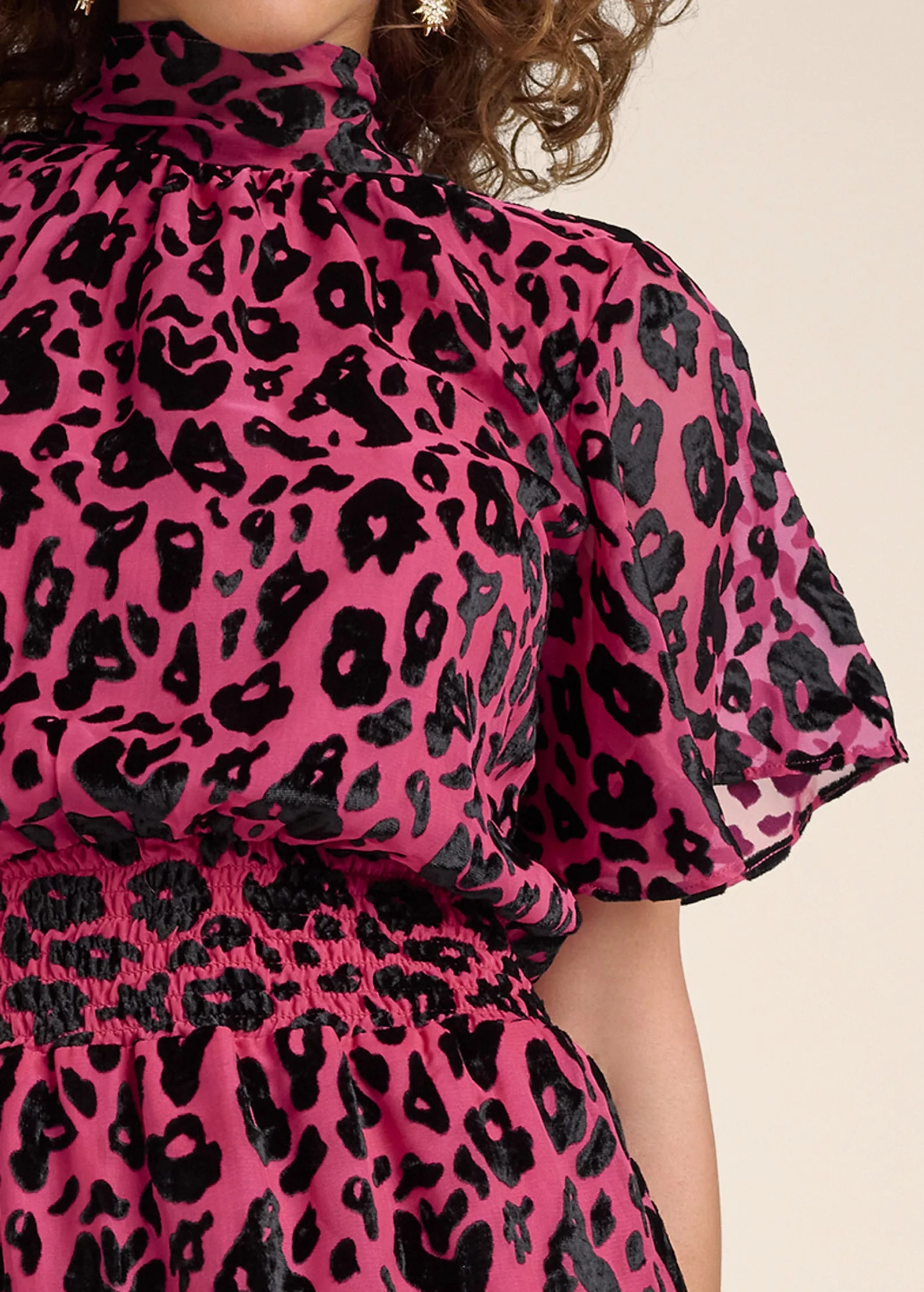 Leopard Velvet Smocked Dress - Hot Pink sold by VENUS product image thumbnail 4