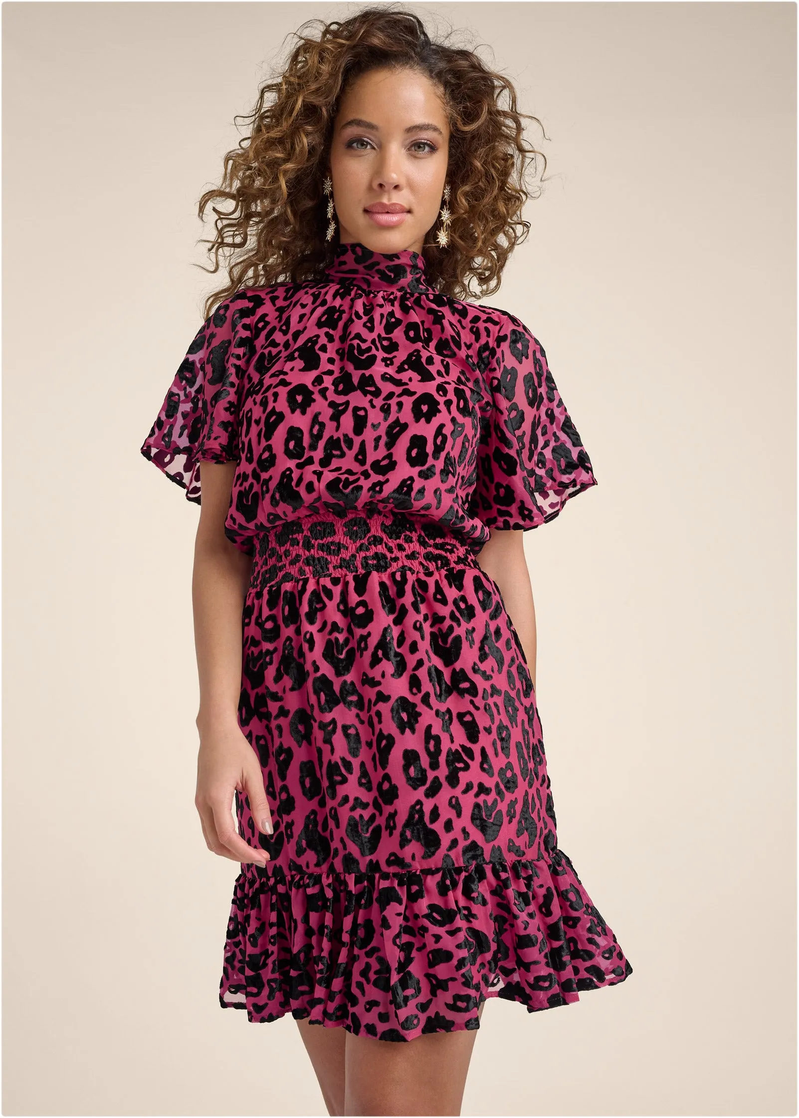 Leopard Velvet Smocked Dress - Hot Pink sold by VENUS