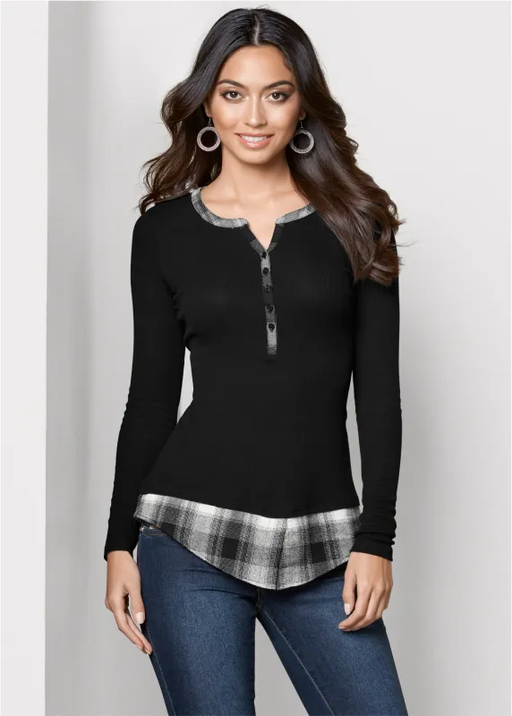 Ribbed Henley Top - Black Multi sold by VENUS