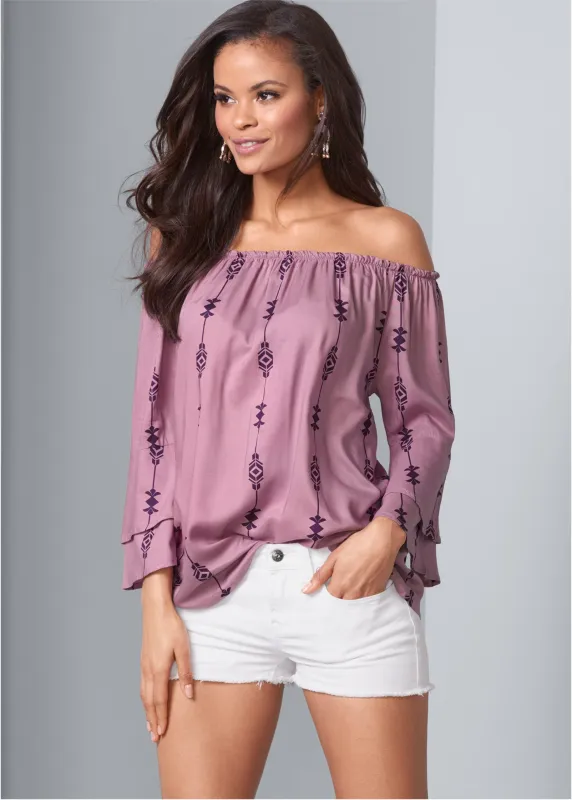 Off-The-Shoulder Print Top - Purple Multi sold by VENUS