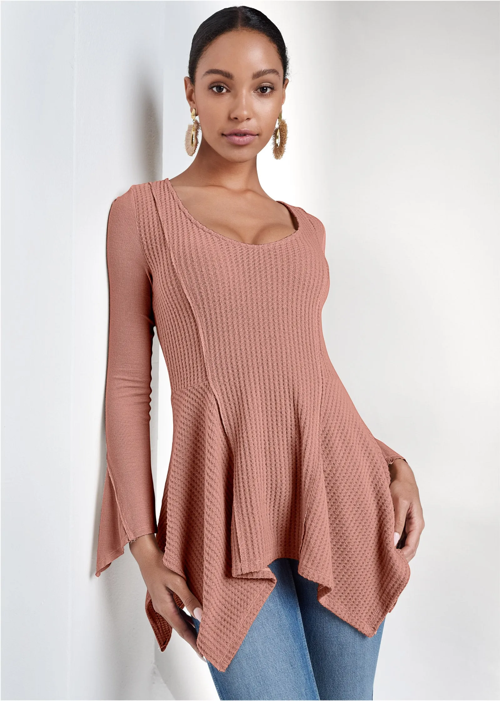 Waffle Knit Hanky-Hem Top - Blush sold by VENUS