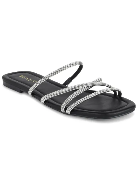 Rhinestone Flat Sandal - Jet Black sold by VENUS