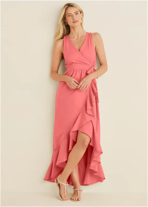 Ruffle High-Low Wrap Dress - Coral sold by VENUS
