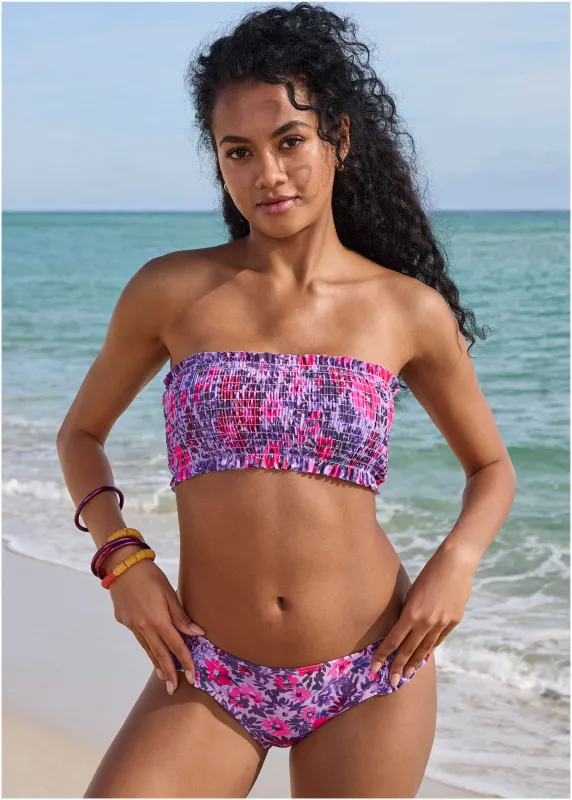 Smocked Bandeau Bikini Top - Ditsy Pink Purple sold by VENUS