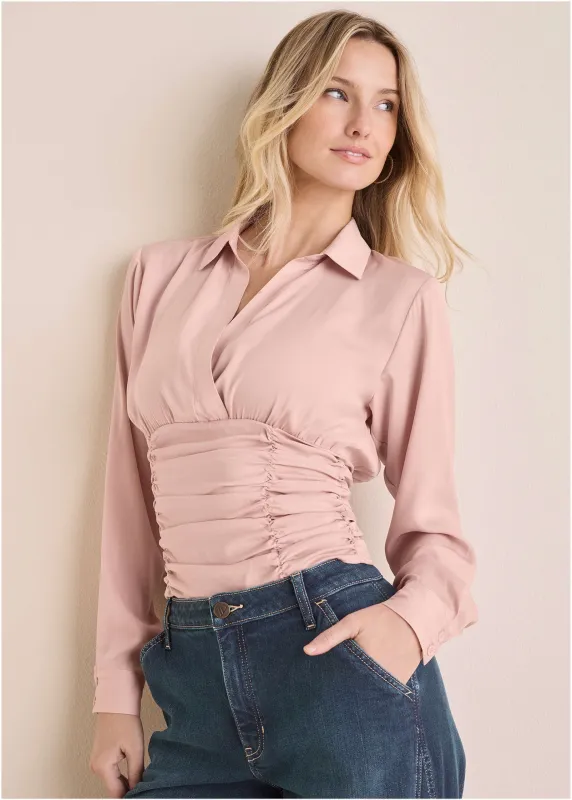 Ruched V-Neck Blouse - Mauve sold by VENUS