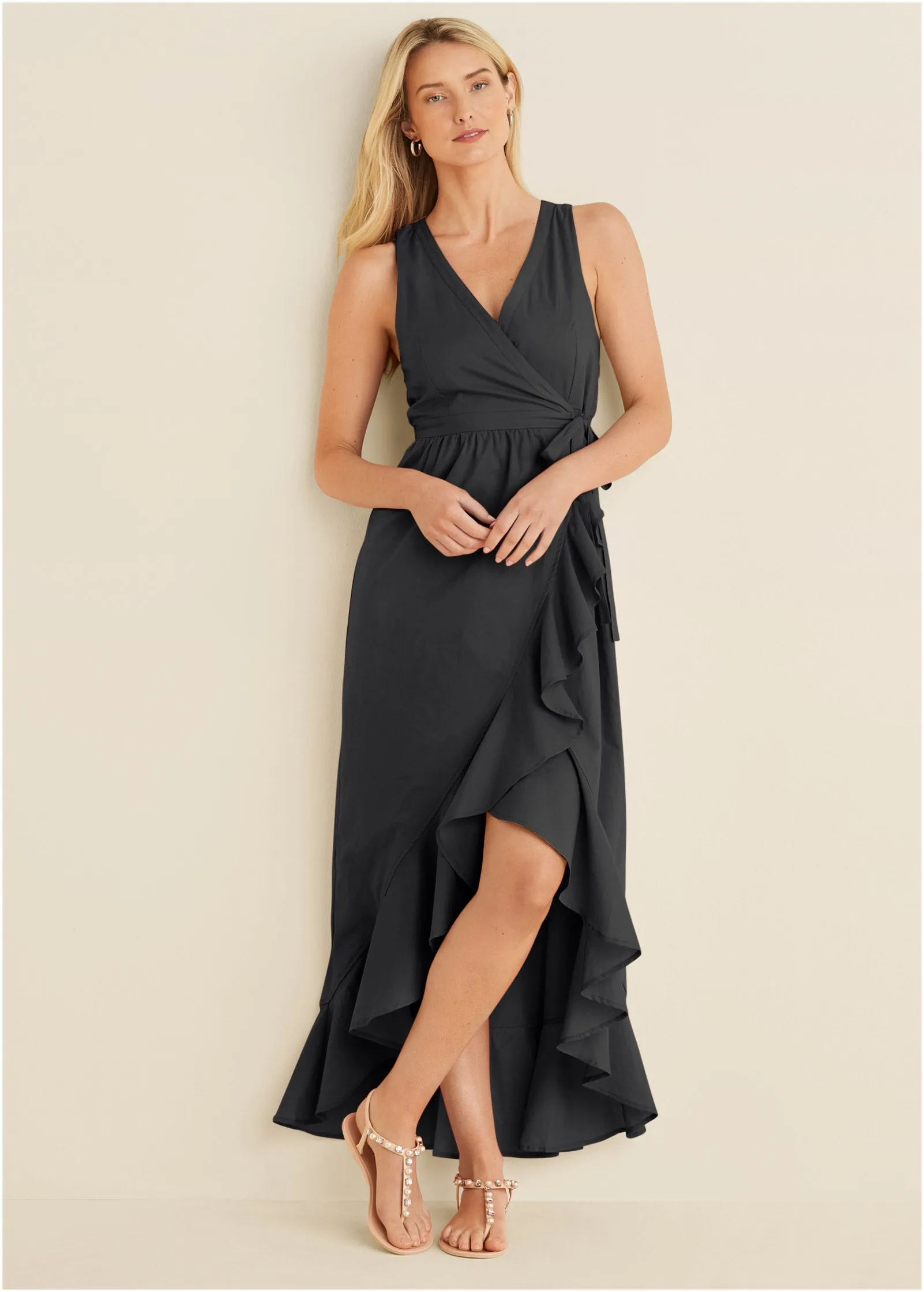 Ruffle High-Low Wrap Dress - Jet Black sold by VENUS