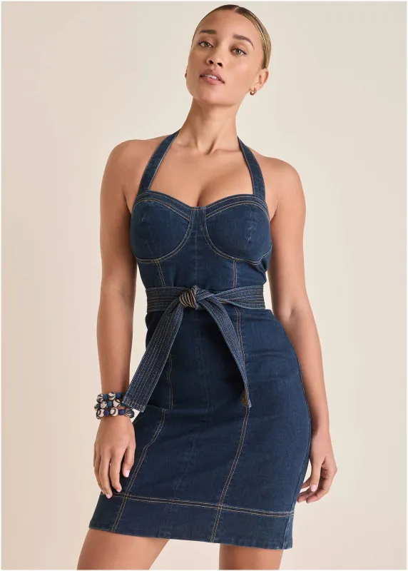 Denim Halter Dress - Dark Wash sold by VENUS