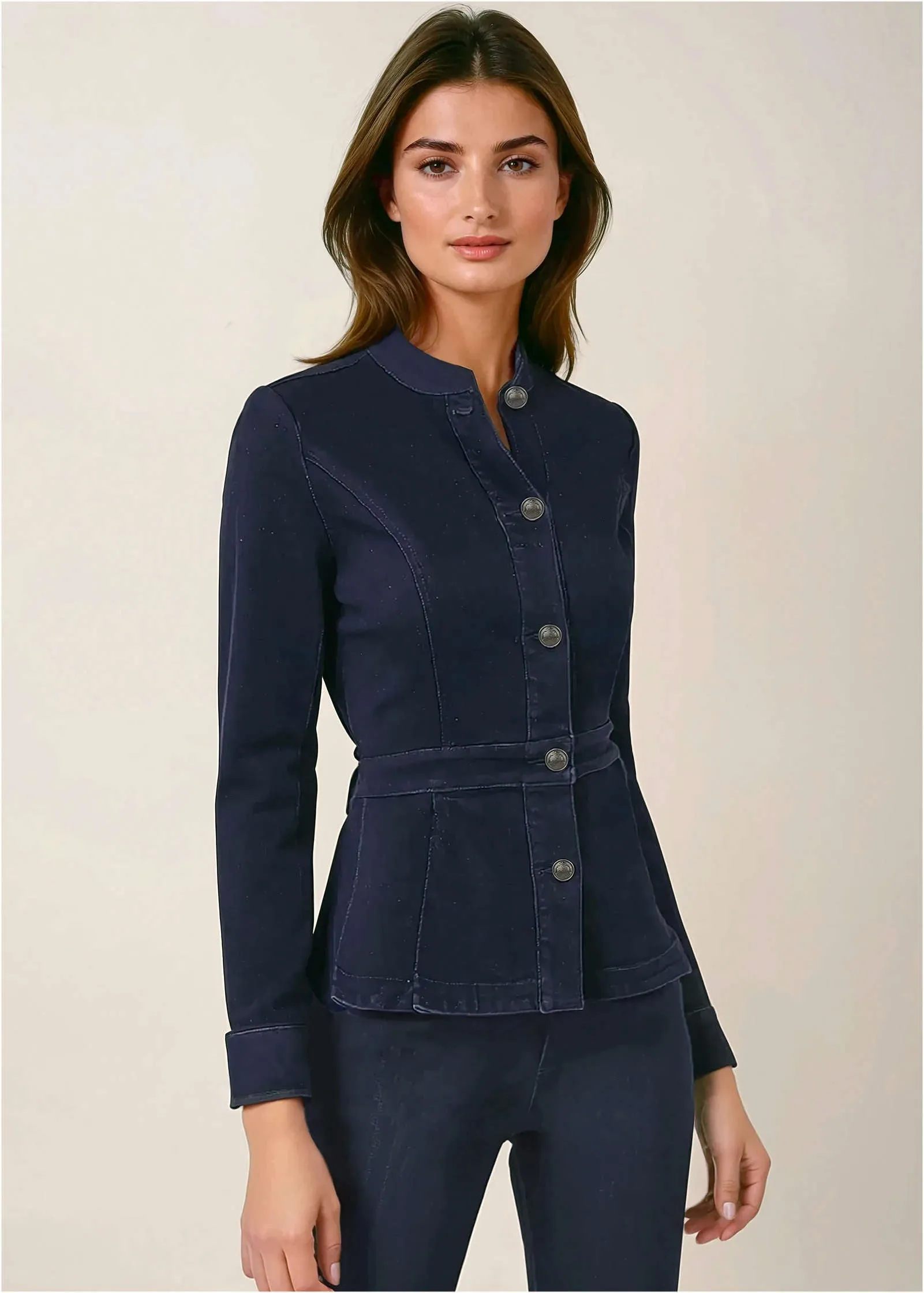 Denim Peplum Blazer - Dark Rinse Wash sold by VENUS