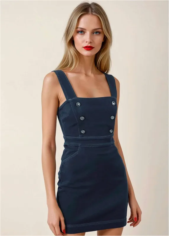 Denim Button Mini Dress - Dark Rinse Wash sold by VENUS
