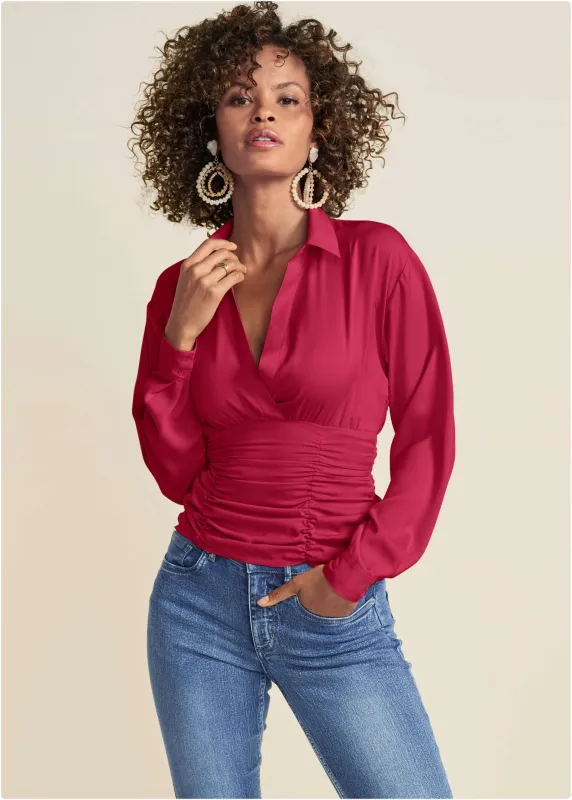 Ruched V-Neck Blouse - Granita sold by VENUS
