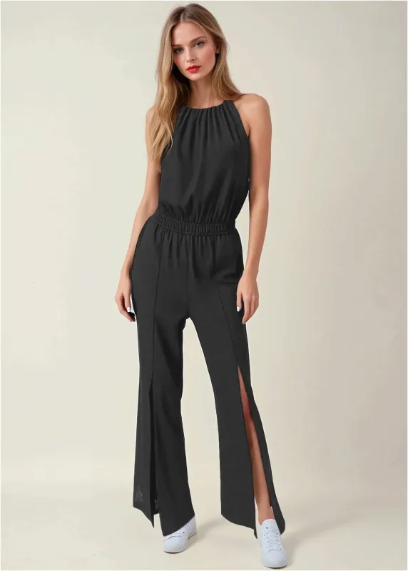 Linen Front Slit Jumpsuit - Jet Black sold by VENUS