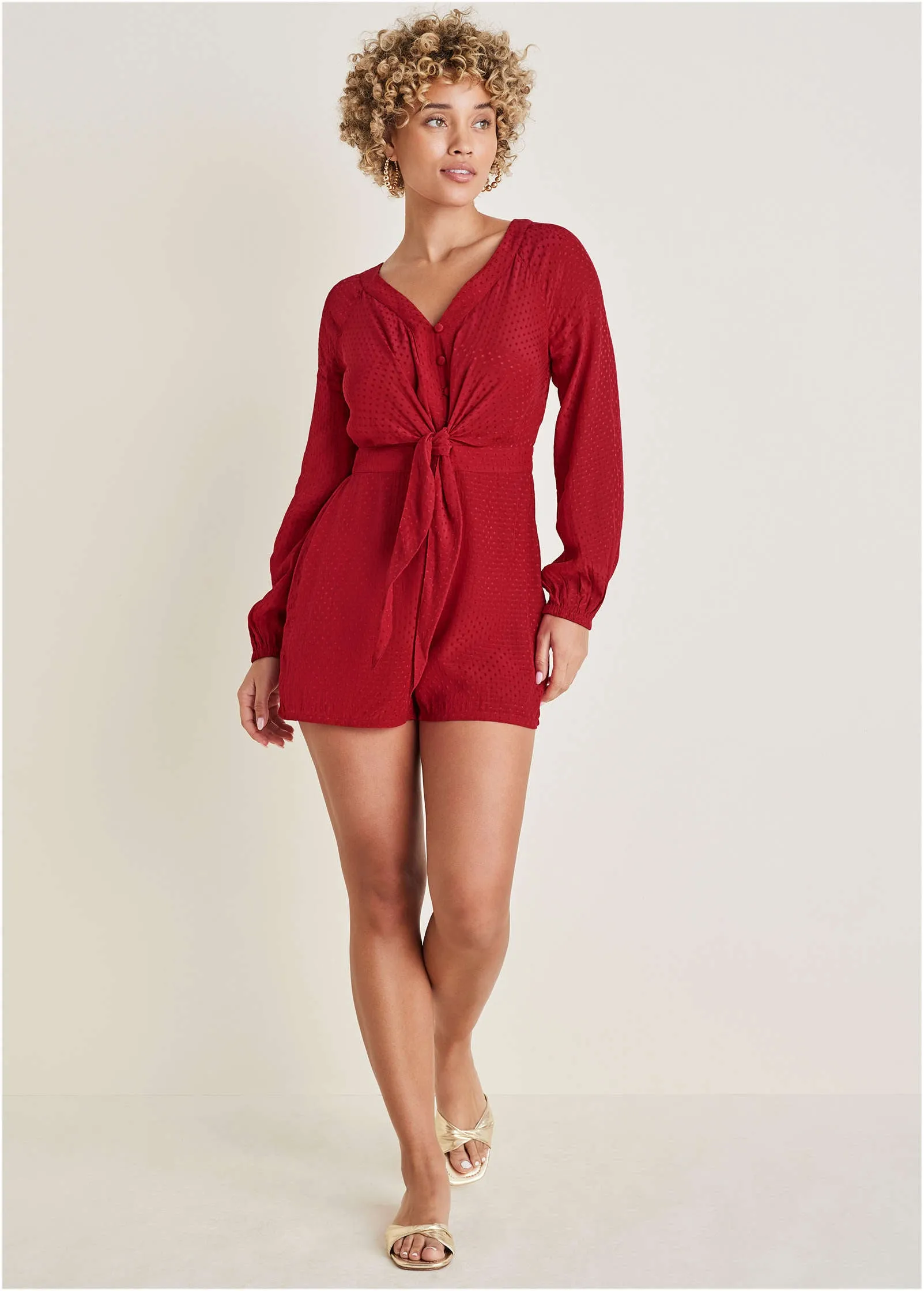 Swiss Dot Tie-Front Romper - Persian Red sold by VENUS product image thumbnail 5