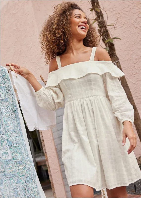 Cotton Dobby Off Shoulder Mini Dress - Cloud Dancer sold by VENUS