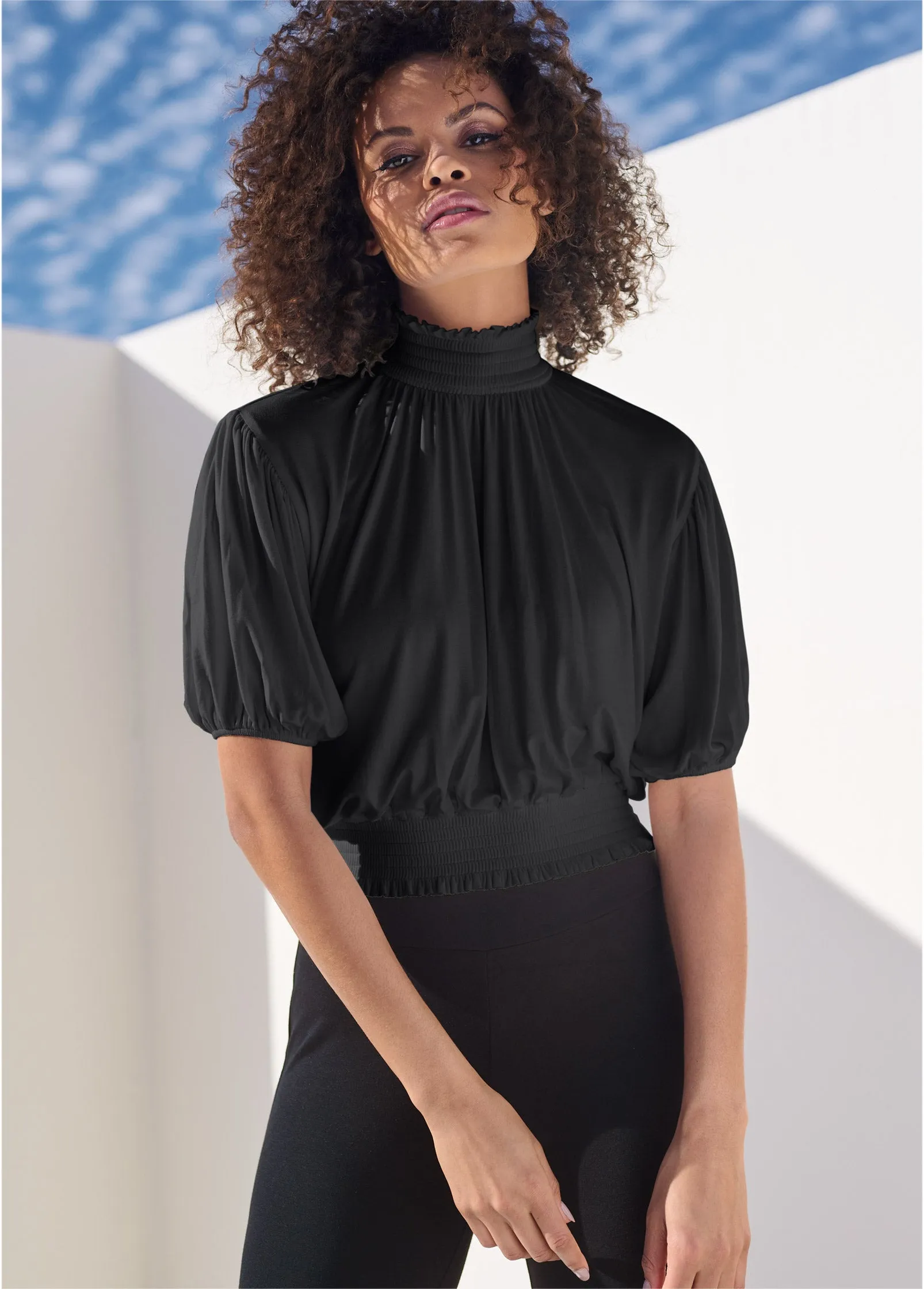 Smocked Mock-Neck Crop Top - Jet Black sold by VENUS