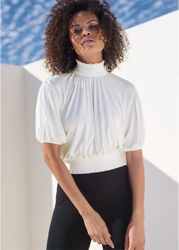Smocked Mock-Neck Crop Top - Cloud Dancer sold by VENUS