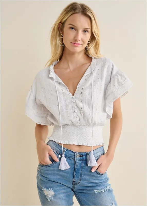 Eyelet Flutter Sleeve Top - Cloud Dancer sold by VENUS