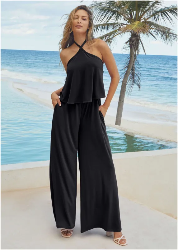 Cross Neck Jumpsuit - Jet Black sold by VENUS