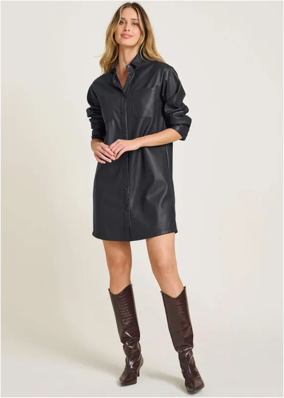 Faux Leather Shirt Dress - Jet Black sold by VENUS