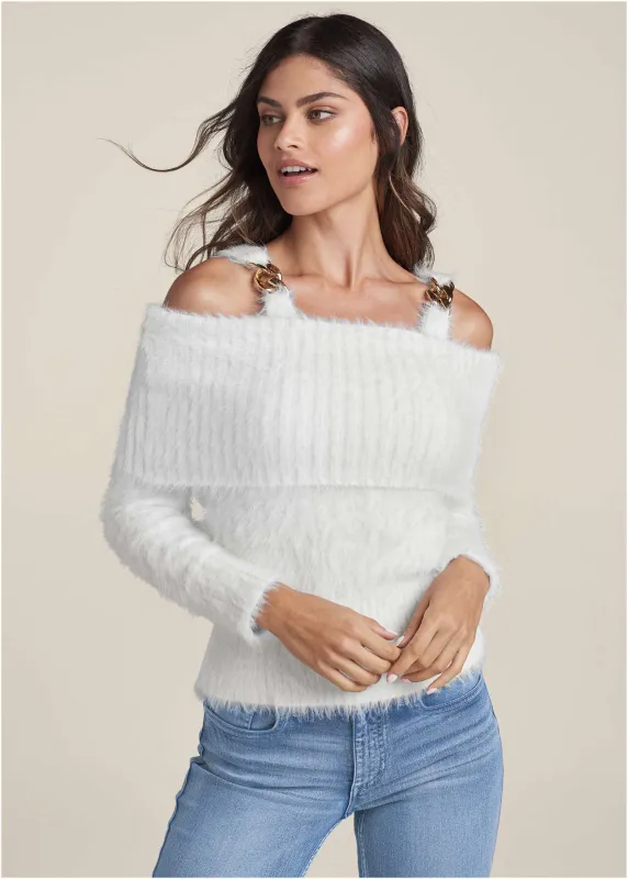 Chain Detail Cold-Shoulder Sweater - Cloud Dancer sold by VENUS