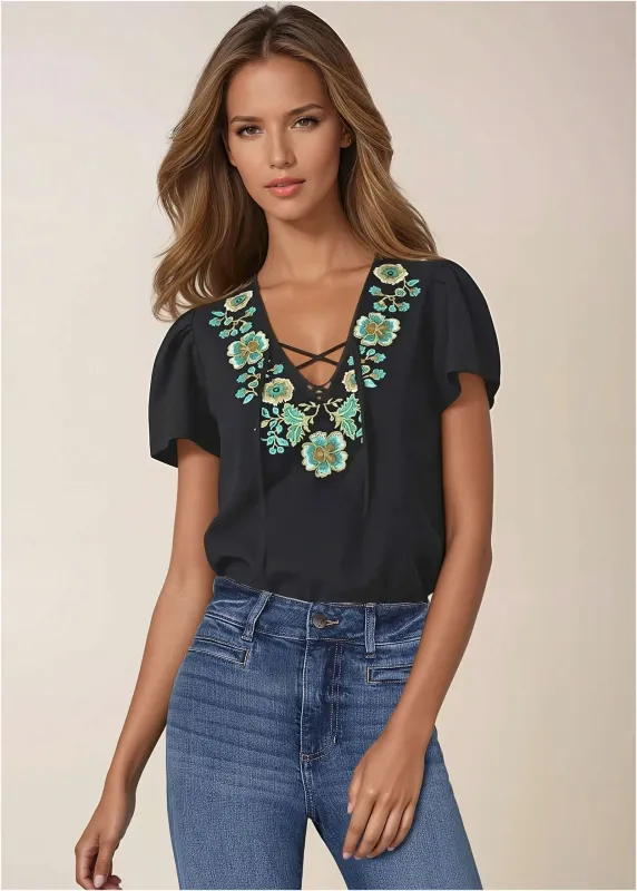 Embroidered Blouse - Jet Black sold by VENUS