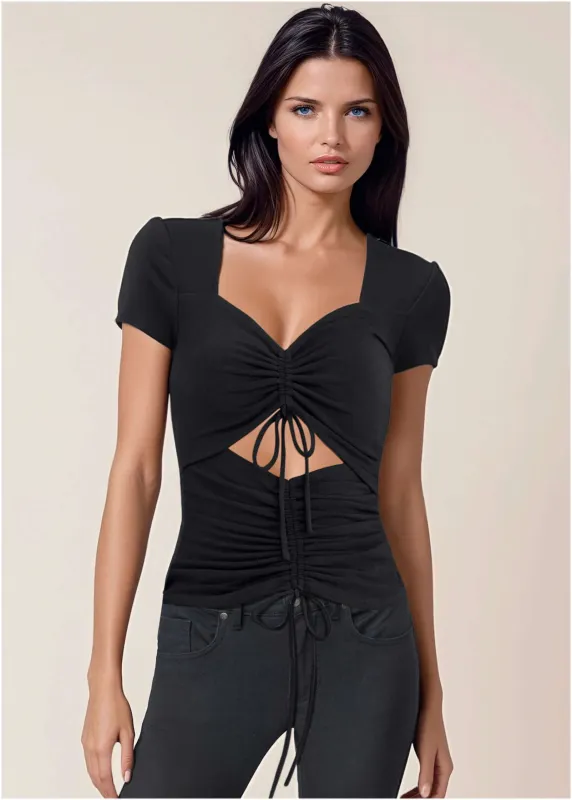 Ruched Tie-Front Top - Jet Black sold by VENUS