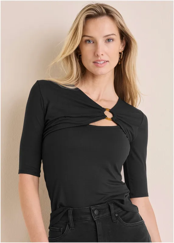 Cut Out 3/4 Sleeve Top - Jet Black sold by VENUS