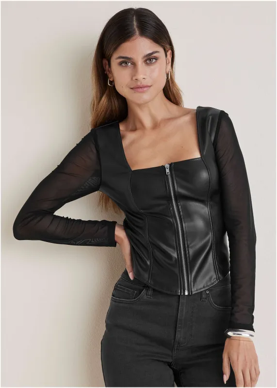 Faux Leather Zipper Top - Jet Black sold by VENUS