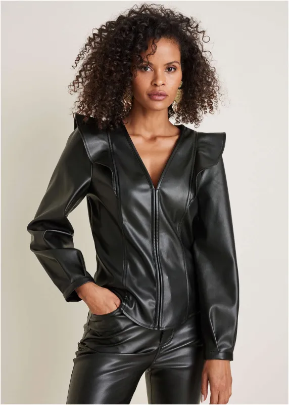 Faux Leather Ruffle Blouse - Jet Black sold by VENUS