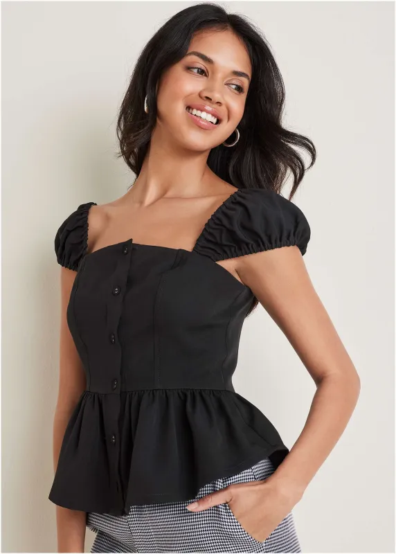 Cap Sleeve Peplum Top - Jet Black sold by VENUS