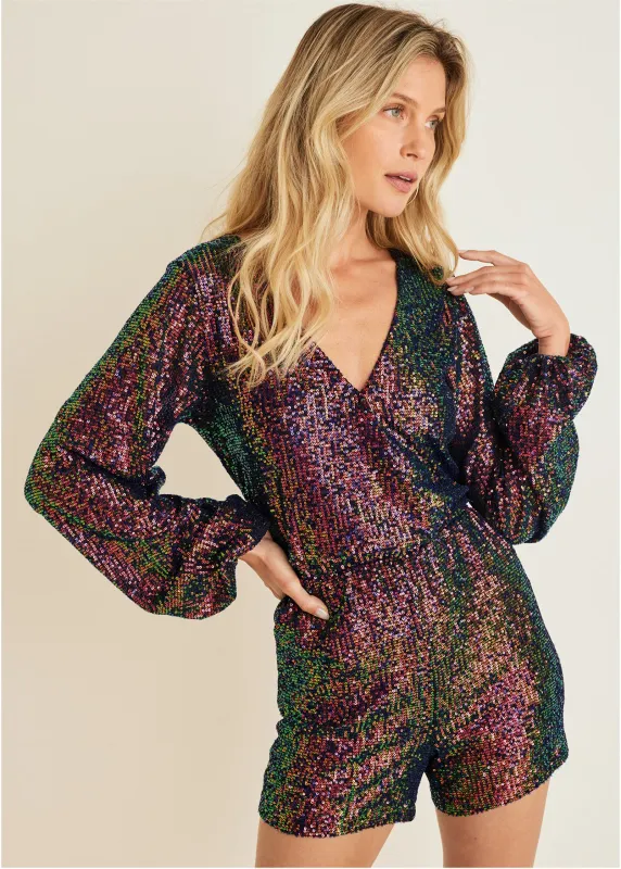 Wrap Sequin Romper - Black Multi sold by VENUS