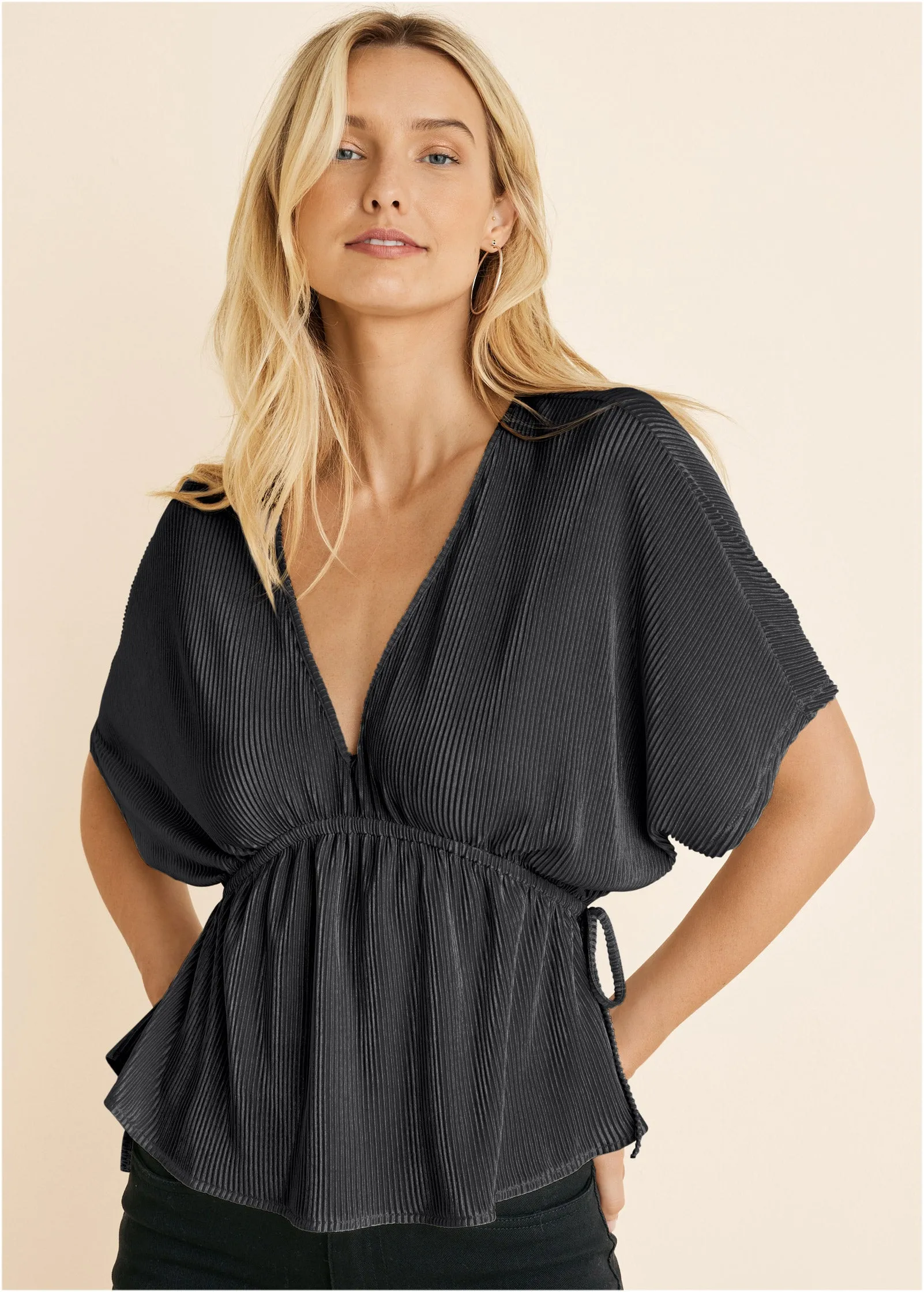 Plisse Short Sleeve Blouse - Jet Black sold by VENUS