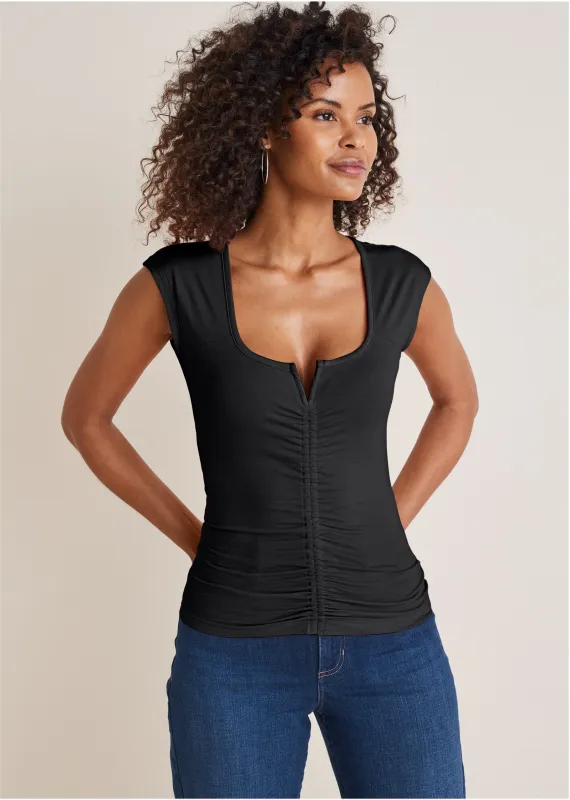Ruched Cap Sleeve Top - Jet Black sold by VENUS
