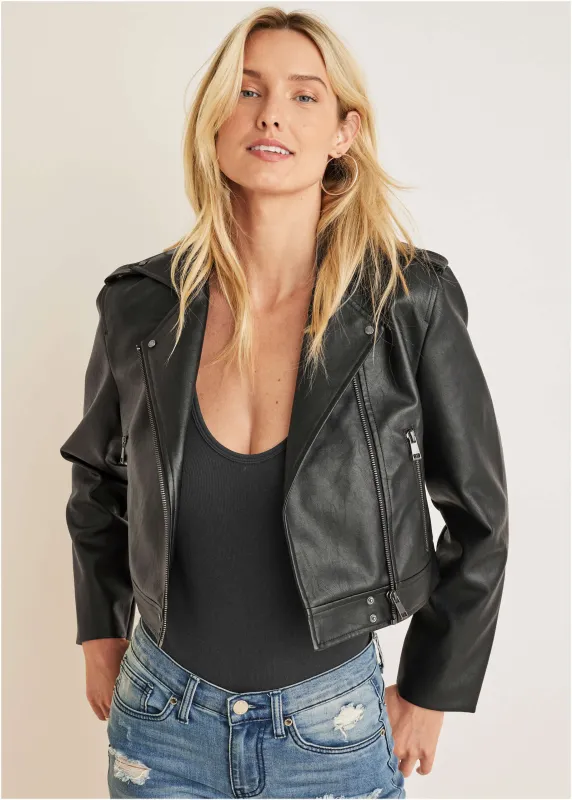Faux-Leather Moto Jacket - Jet Black sold by VENUS