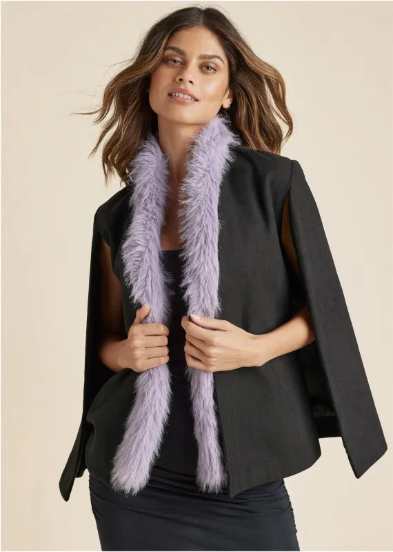 Faux Fur Trim Cape Jacket - Jet Black sold by VENUS