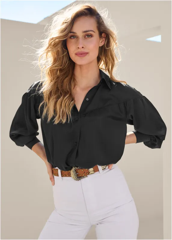 Satin Long Sleeve Blouse - Jet Black made by VENUS